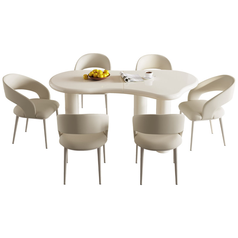 62.2" Irregular Cream White Dining Table Set With 6 Chairs , 7-Piece (1 Table,6 chairs)