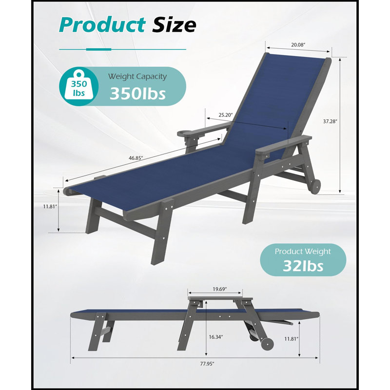 Durable HDPE Outdoor Chaise Lounge with Adjustable Backrest, Wheels, and Cup Holder for Patio and Poolside Relaxation