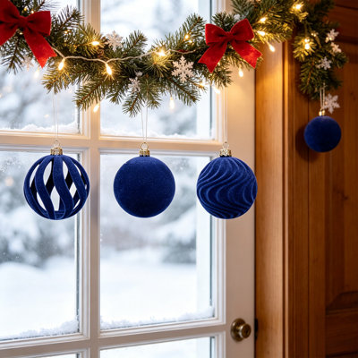 Décorations de Noël - Ensemble de 12 boules sphériques floquées à suspendre - Style varié - Revêtement en velours - Décorations pour sapin - Idéal pour les fêtes de fin d'année et la décoration intérieure.