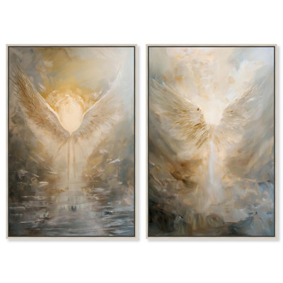 Ensemble de décoration murale bohème « Elysian Feathers Duet » sur toile dorée par Art Remedy, cadre noir, 10 x 15