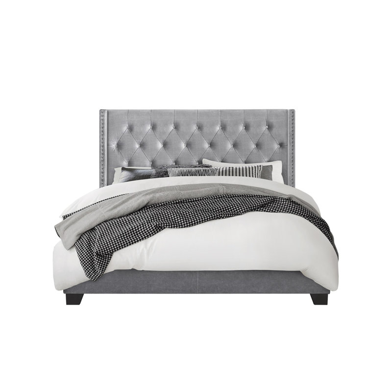 Lit standard tapissier Sanders, Grand, Velours argent / gris