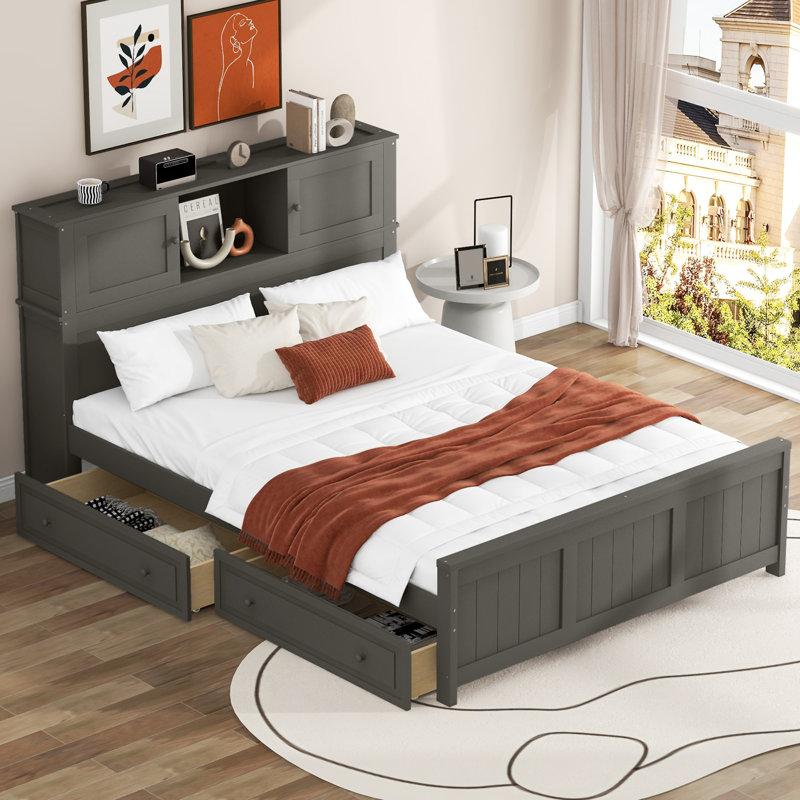 Lit plateforme avec tête de lit et porte coulissante, Gris