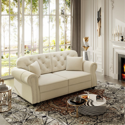 Velours rembourré 2 places beige / blanc de style moderne Mid-Century 63 po avec boutons roulés, garniture cloutée, structure de pin stable, contreplaqué