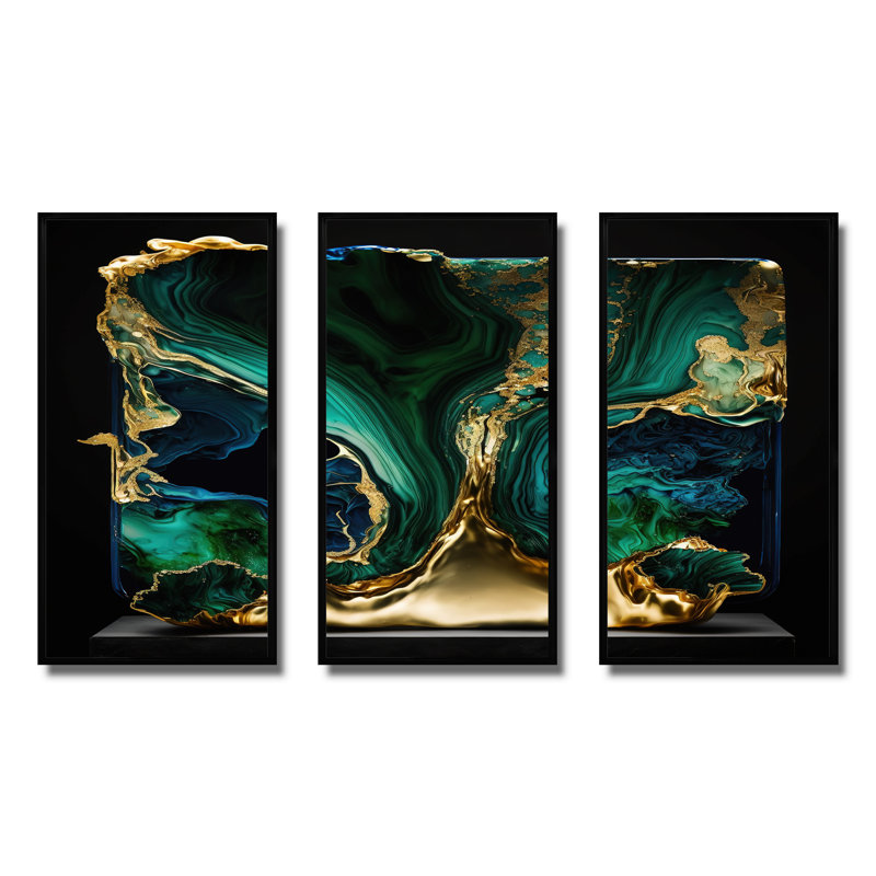 Géode abstraite marbre vert et bleu I - impression 3 pièces, Noir, H 32 po x l 48 po x P 1 po