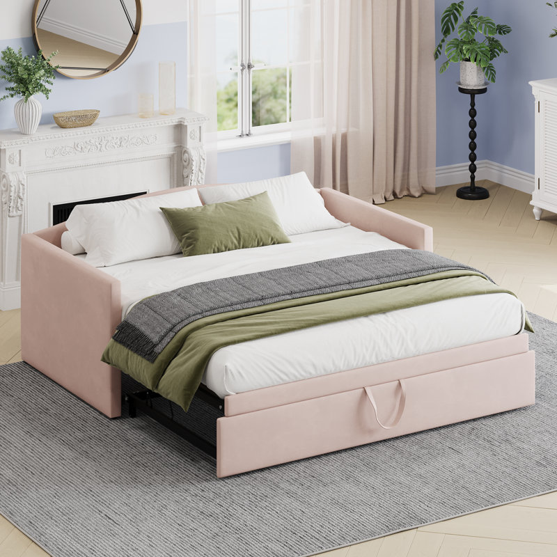 Twin Size Daybed With Extended Pop Up Trundle, Upholstered Sofa Bed Daybed, Space-Saving Twin To King Design,  For Guest Room, Velvet, Pink