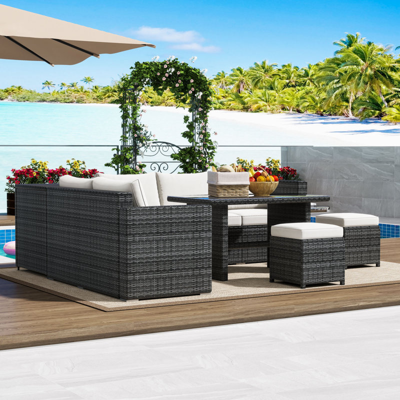 6-Piece Hand-Woven PE Rattan Outdoor Sofa Set with Tempered Glass Table and Adjustable Comfort, Beige/Gray