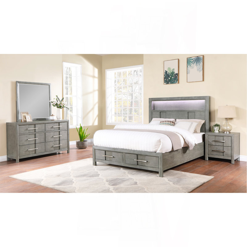 Ensemble de chambre à coucher avec rangement 4 pièces de style moderne avec tête de lit à DEL, haut-parleurs Bluetooth et ports USB - noyer