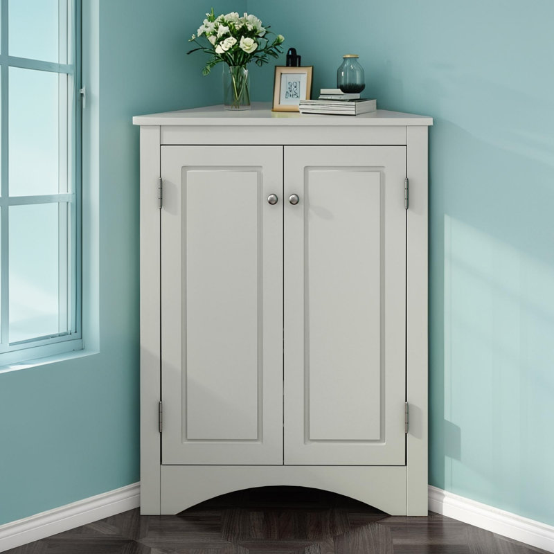 Triangle Bathroom Storage Cabinet with Adjustable Shelves, Freestanding Floor Cabinet for Home Kitchen, Gray