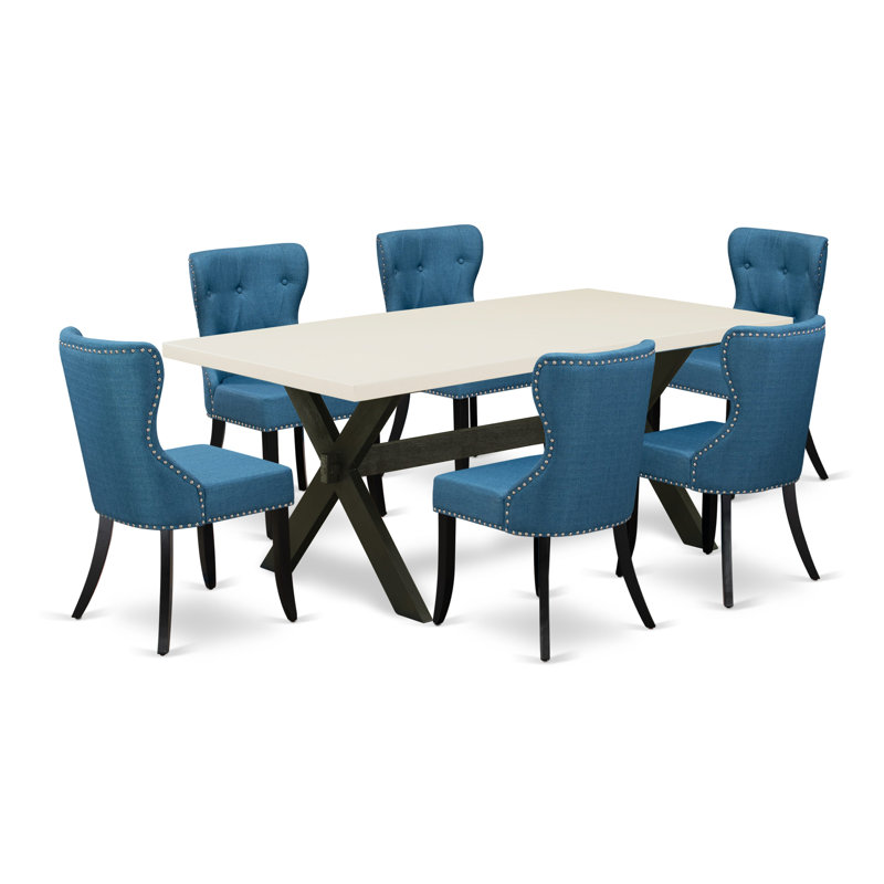 7 Piece Modern Dining Table Set Consist of a Rectangle Wooden Table with X-Legs and 6 Blue Linen Fabric Parson Dining Chairs,  Wire Brushed Black Finish