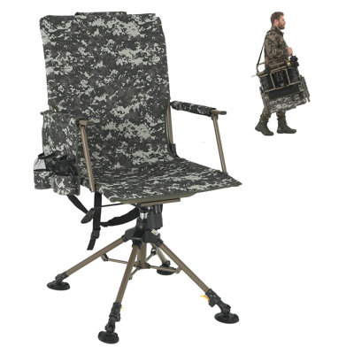 Fauteuil de chasse pliable camouflage, structure en acier inoxydable, pivotant silencieux à 360 °, hauteur réglable, portatif avec bandoulière, porte-gobelets pour l'extérieur