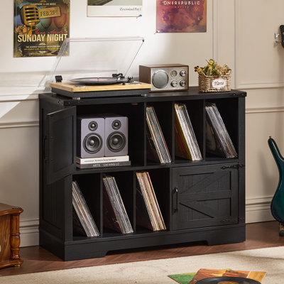 Large Vinyl Record Storage Rack With Capacity For Up To 450 Records, 39-Inch Country-Style Storage Cabinet With Barn Doors, Wooden Vintage Mid-Century Bedroom And Living Room Record Rack