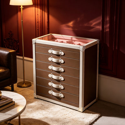 Coffret à bijoux vertical style valise vintage 94 cm (37 po) – Structure en bois massif multicouche recouverte de cuir microfibre, rangement à plusieurs tiroirs en velours rose, finitions luxueuses et rivetées.