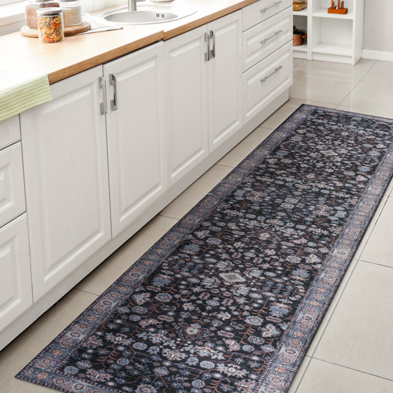 Tapis noir / bleu Sarok All-Over Persan, Tapis de couloir 2 pi x 8 pi
