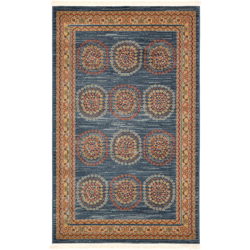 Tapis bleu / floral Jaeden, Rectangle 3 pi 3 po x 5 pi 3 po