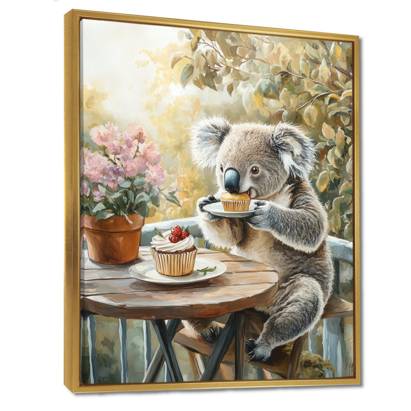 Pause cupcake koala - Décoration murale verte encadrée pour la chambre d'enfant, H 32 po x l 24 po, Cadre flottant doré