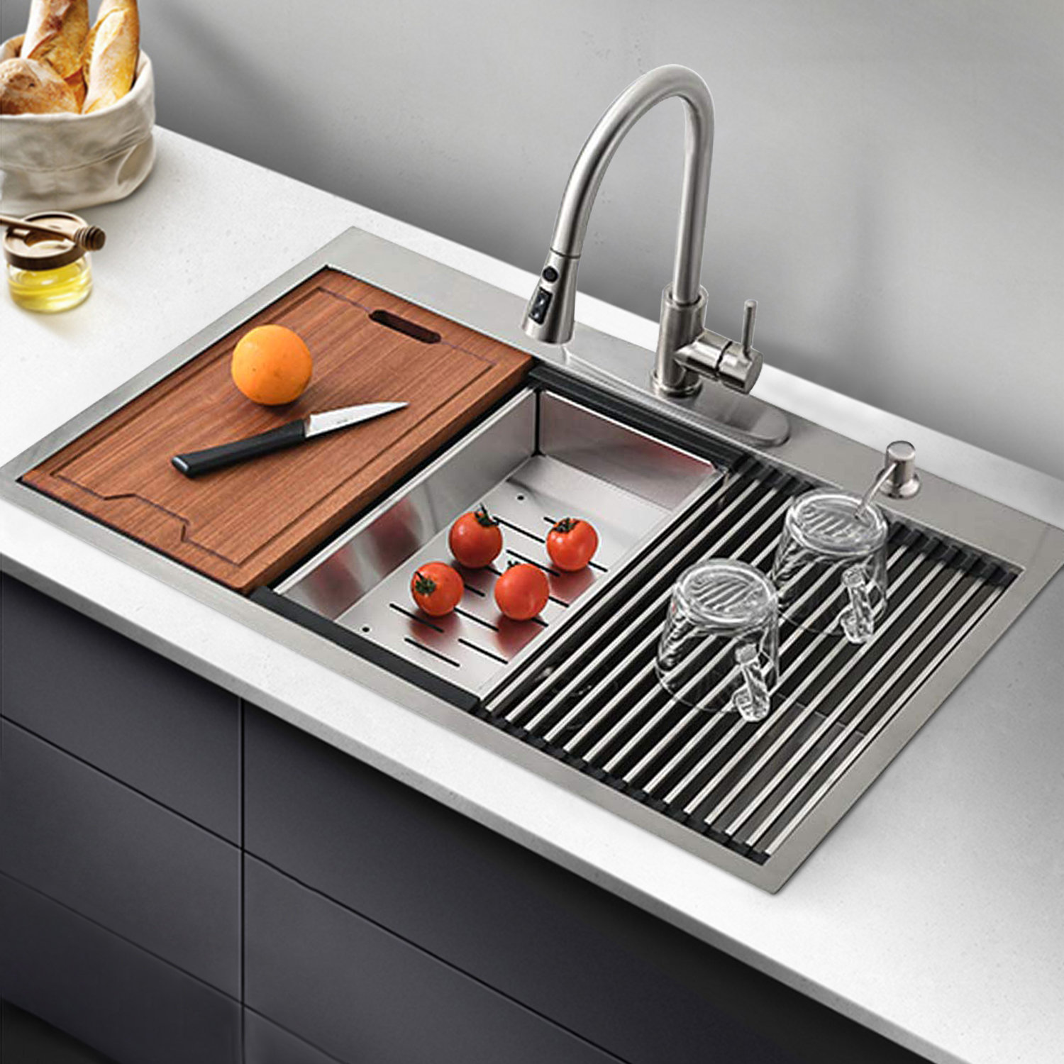 Empire Ceramic Kitchen Sink with Integrated Waterfall and Pull-down Faucet  Set/304 Grade Stainless Steel Sink with Cup washer and Drain Baskets