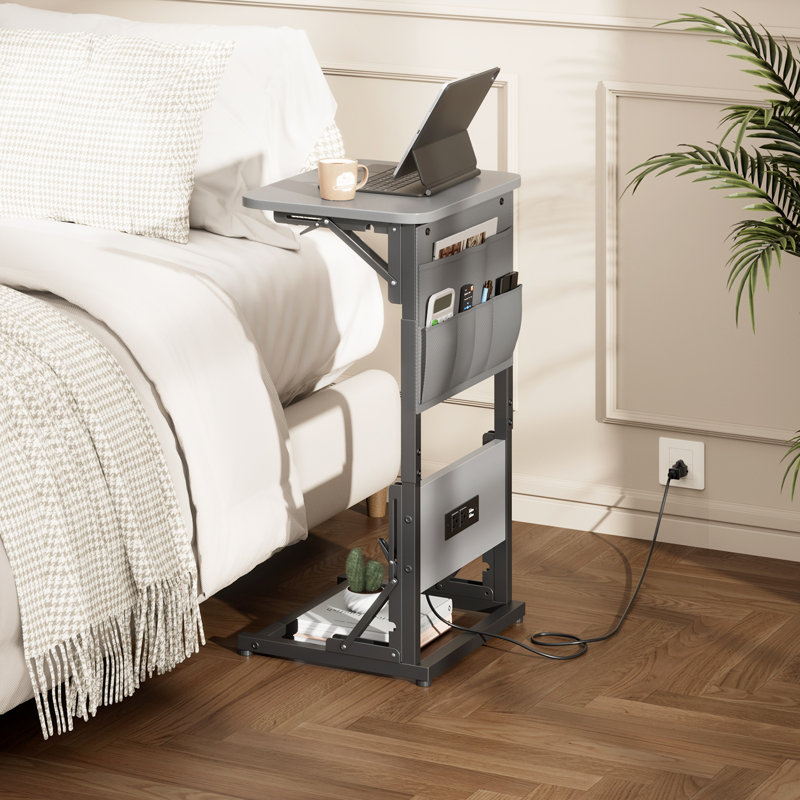 C Shaped End Table With Charging Station, Couch Side Table With Storage Bag, Height-Adjustable And Foldable TV Tray With 2 USB Ports And Outlets For Living Room, Bedroom, Gray