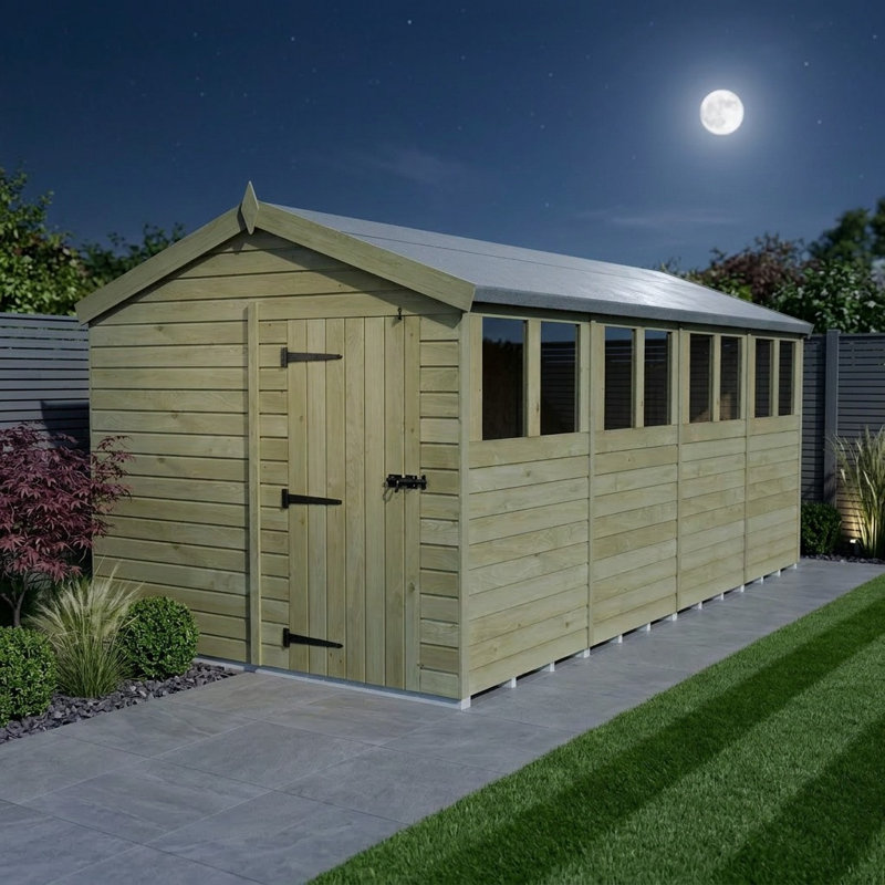 Total Sheds 8ft x 20ft Apex Garden Shed - Single Door - With Windows - Pressure Treated Timber - UK Manufactured