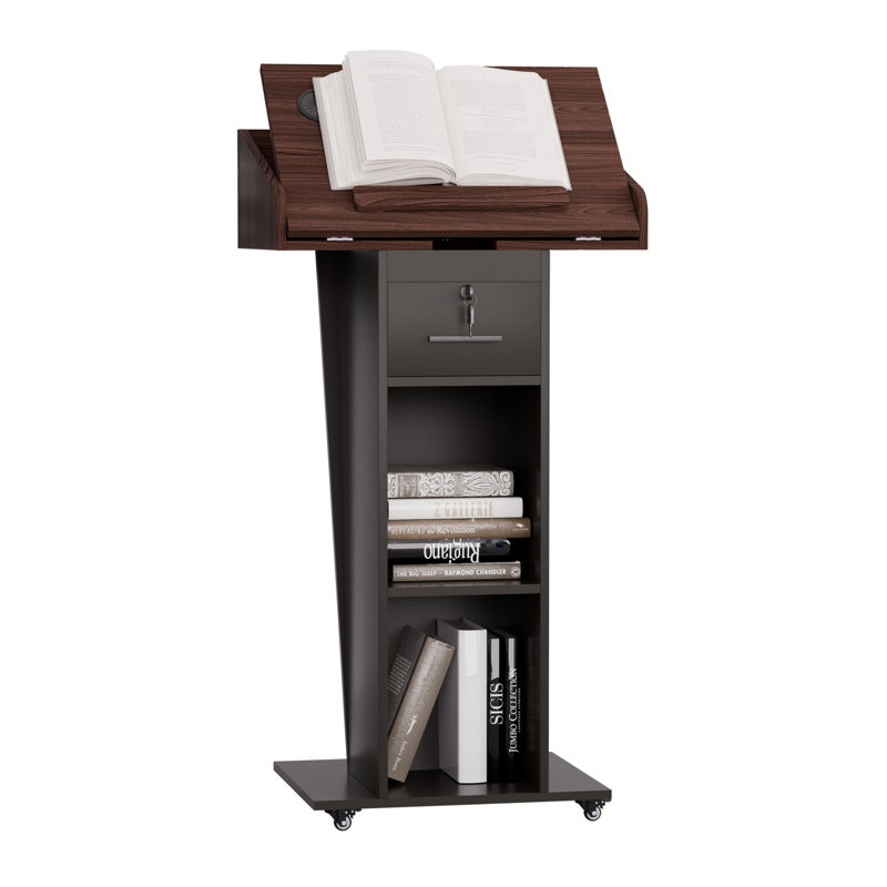 Pupitre et podium en bois avec plateau inclinable, passe-câbles, butée de livre et roulettes verrouillables, Black