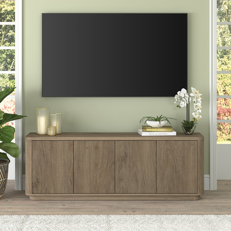 Weybossett Rectangular TV Stand, Gray Wood/Beige Wood Fluting