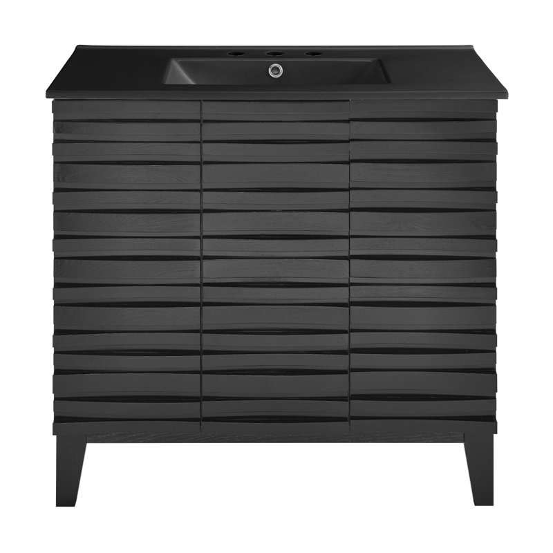 Meuble-lavabo en chêne noir Cascade 36 po avec comptoir en céramique noir à 3 trous, Noir, Noir