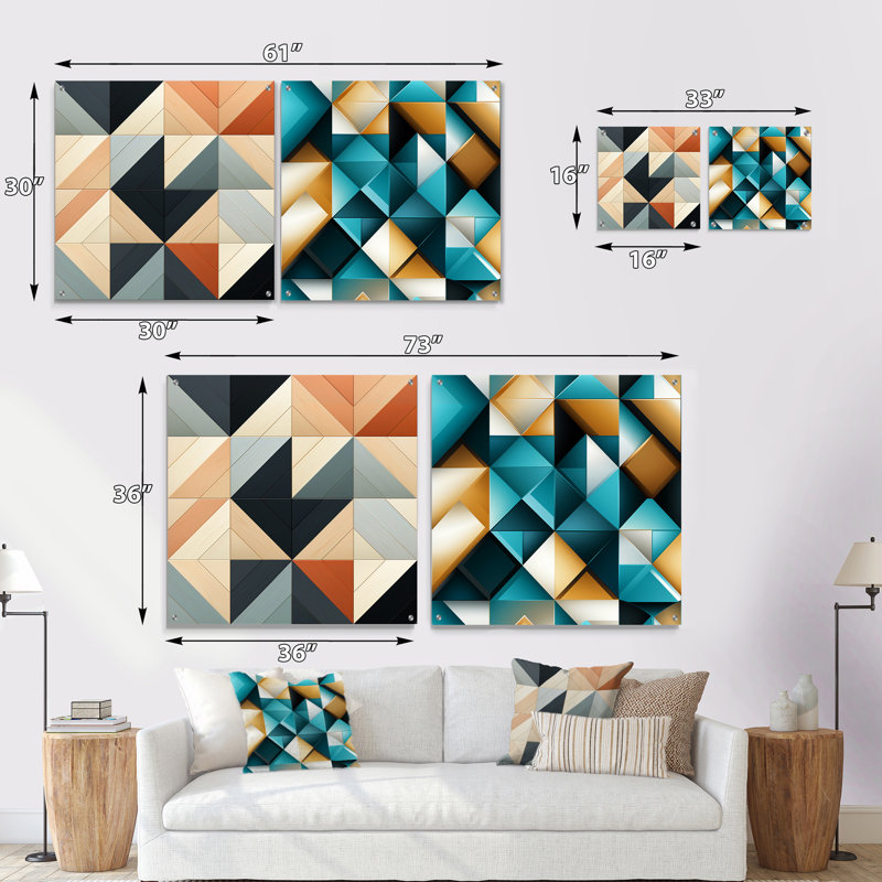 Hucksley - Ensemble de 2 peintures murales abstraites géométriques en acrylique, H 36 po x l 73 po