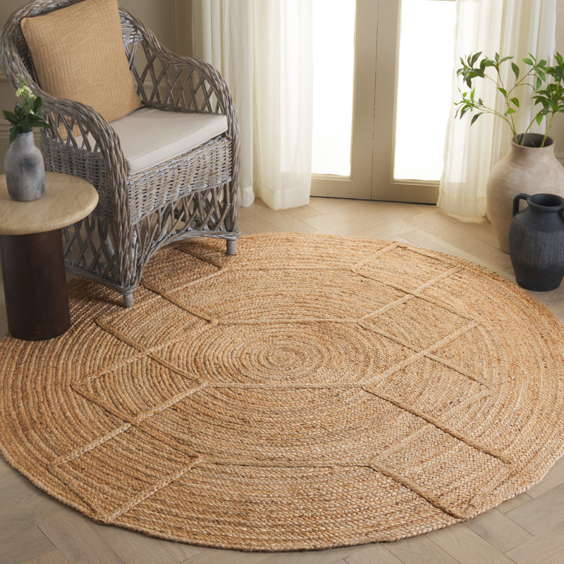 Natural Fiber Handloom Jute Geometric Rug, Round 6'