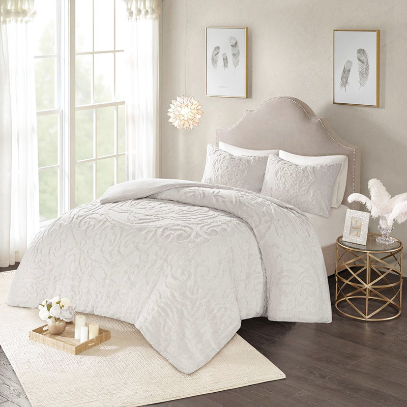 Housse de couette 100% coton très grand / très grand chenille - médaillon, 3, médaillon gris 3, Blanc