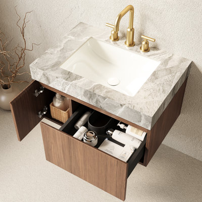 Meuble-lavabo de salle de bain flottant 30 po, rangement en contreplaqué, comptoir en pierre frittée grise, lavabo en céramique avec 3 trous de robinet standard, conception en chêne brun, meuble-lavabo résistant à l'usure et facile à entretenir, armoire,