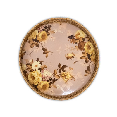 Wild Rose Enamel & Rattan Round Tray