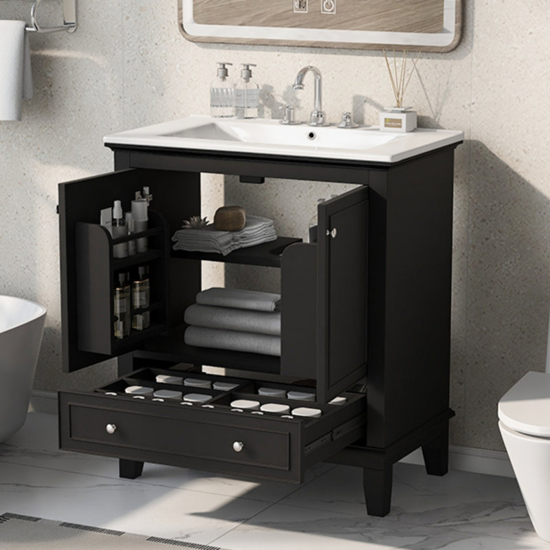 Meuble-lavabo de 30 po avec lavabo, armoire de rangement multifonctionnelle, panneau de bois massif et panneau de fibres à densité moyenne, finition noire