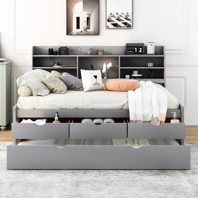 Lit capitaine gris en bois avec rangement pour livres intégré, trois grands tiroirs et tablettes gigognes, rangement pour tiroirs