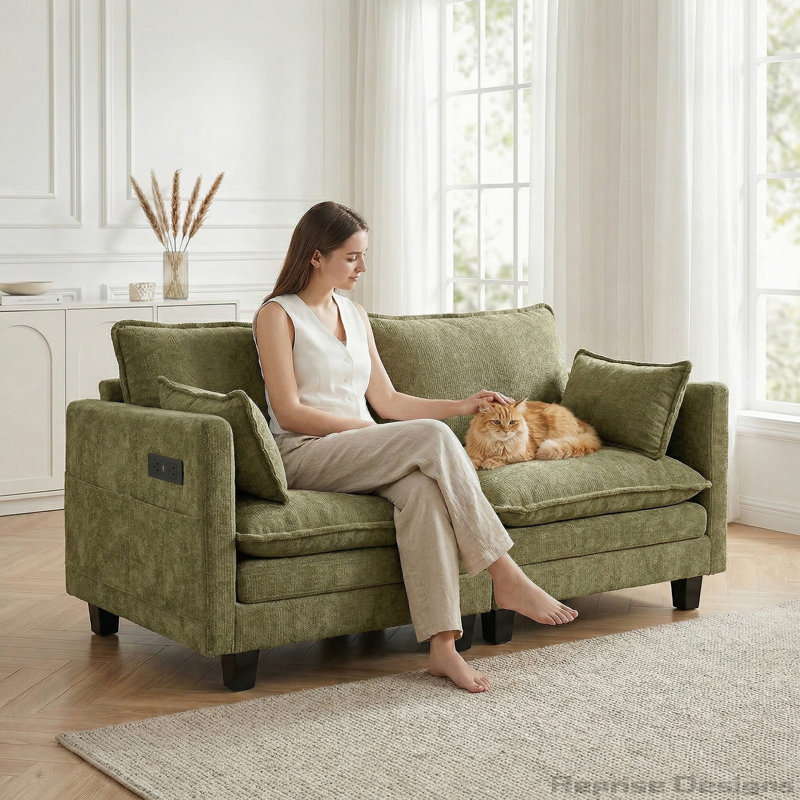 Causeuse moderne en chenille avec ports USB et poches latérales, Green Chenille, 74.8
