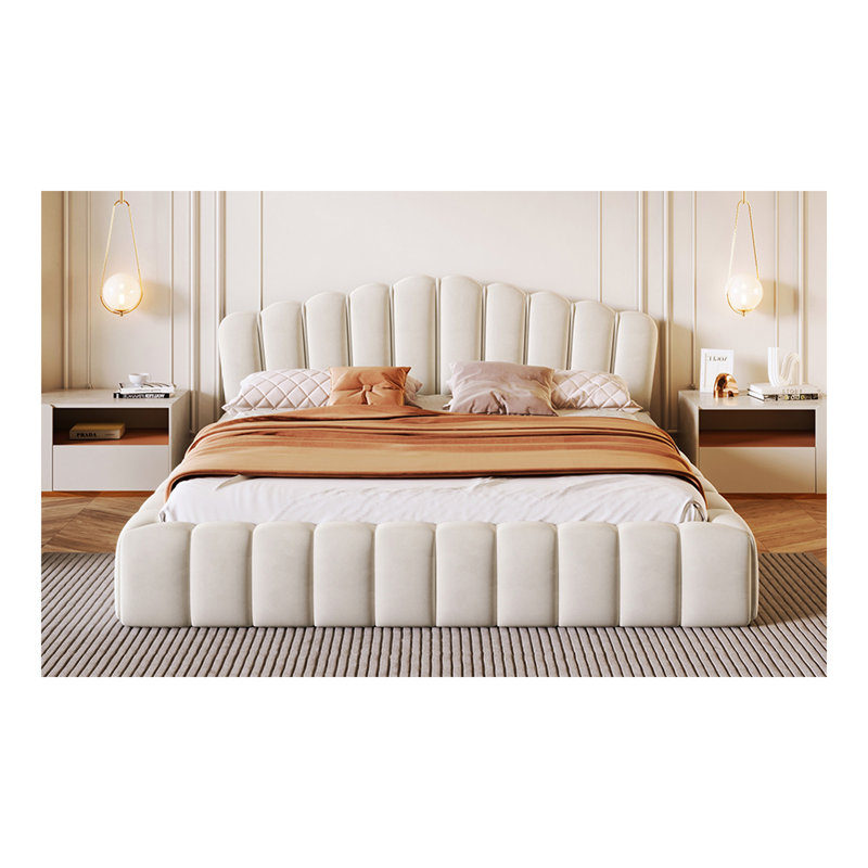 Tête de lit tapissier en velours pour lit double, sans sommier tapissier, beige
