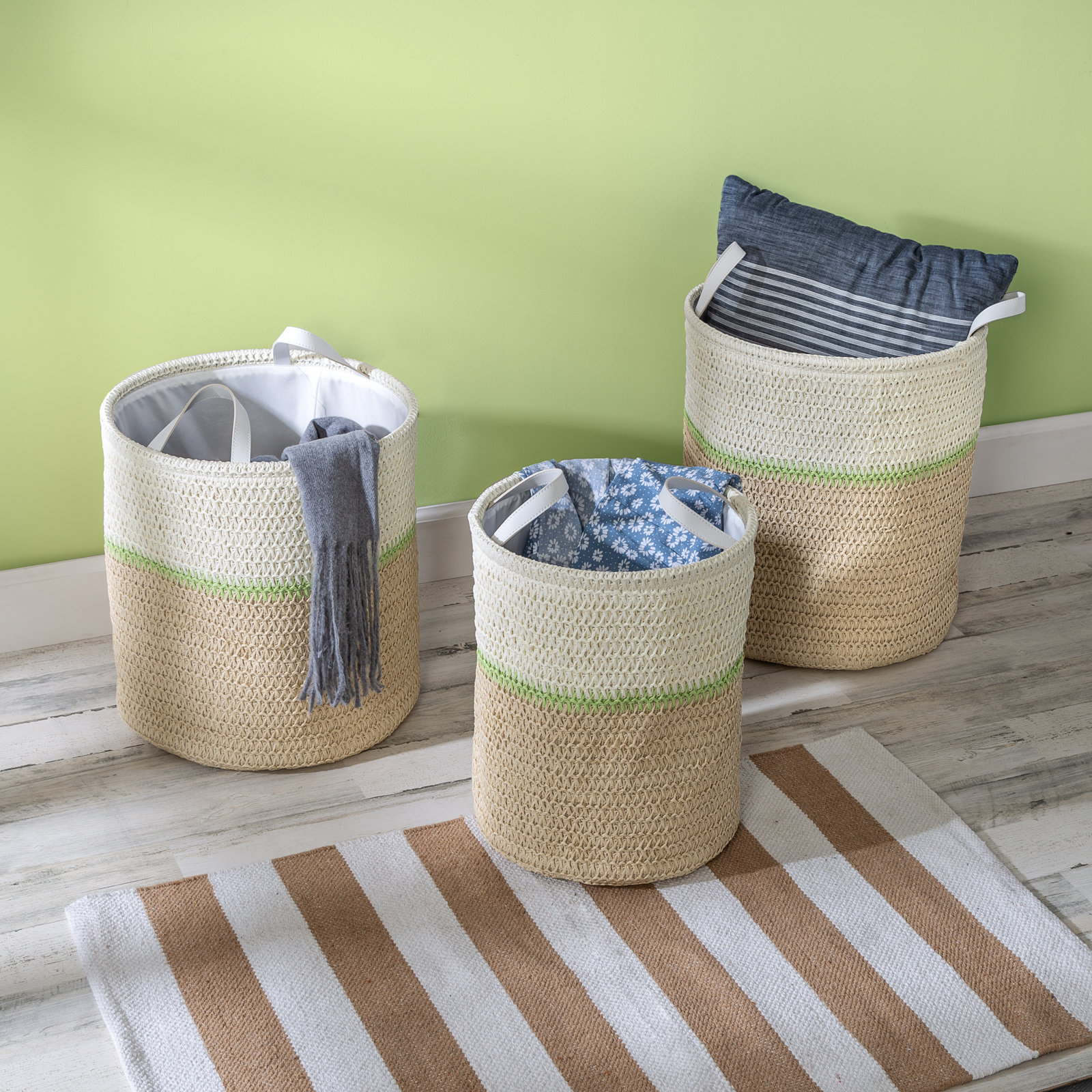 Fabric Decorative Basket - Set of 3, White/Brown