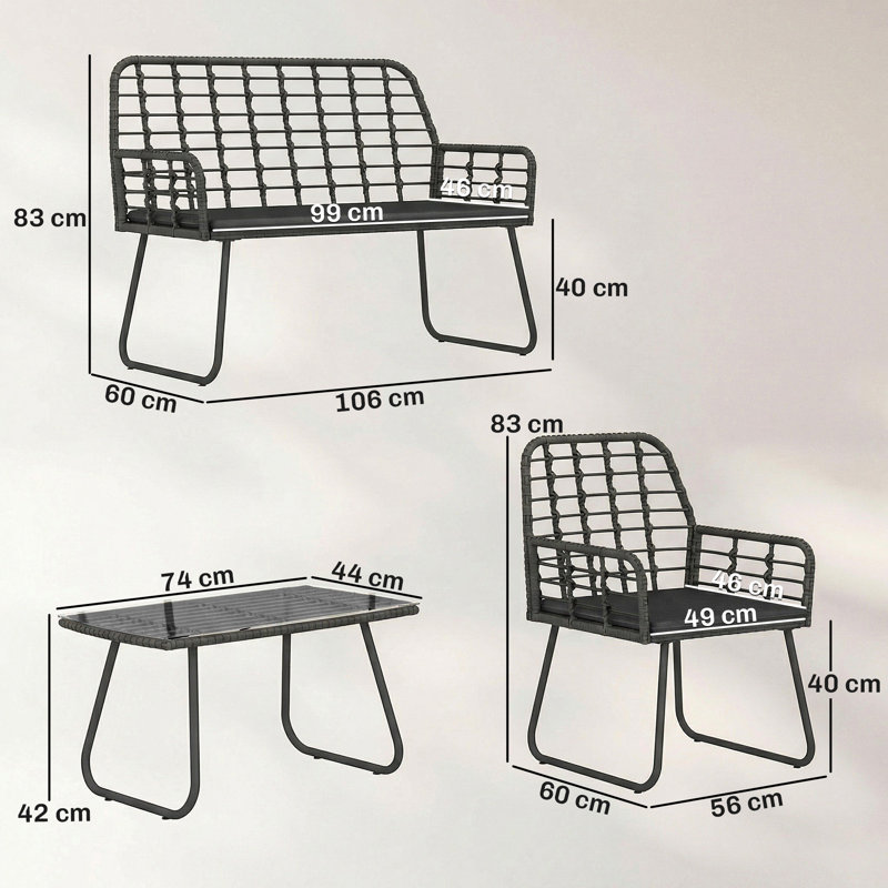 Rattan Sofa Set, Grey Cushion/Black Frame