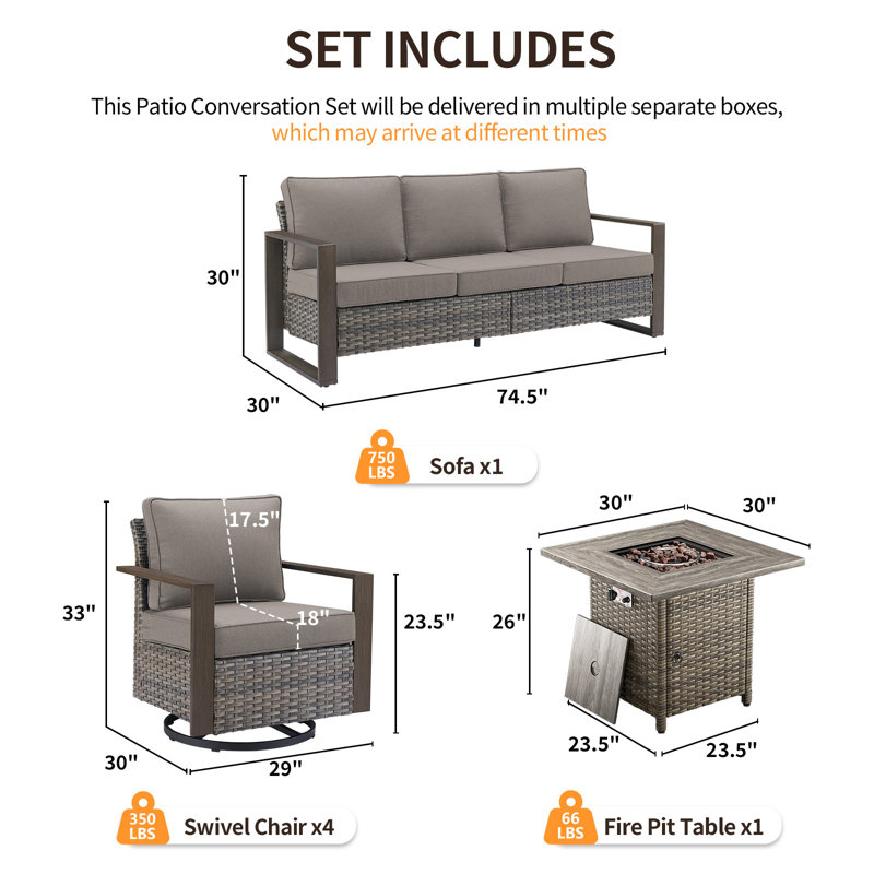 Palomares 6-Piece All Weather Outdoor Wicker Patio Square Fire Pit Conversation Set With 4 Swivel Gliders, Gray, Gray
