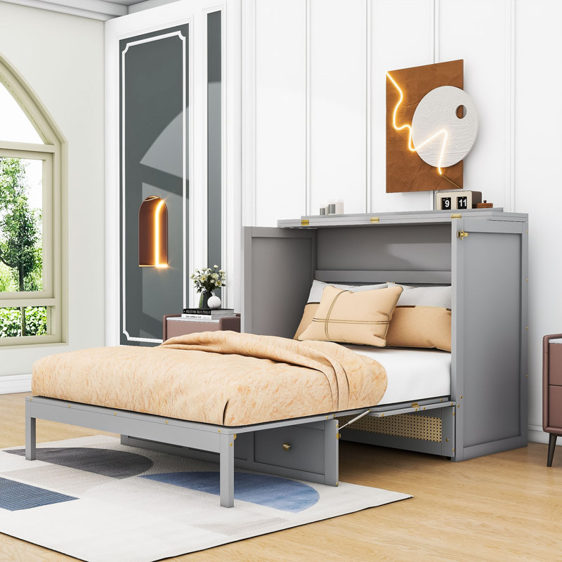  Lit escamotable en bois avec grands tiroirs Conayr, Complète, gris