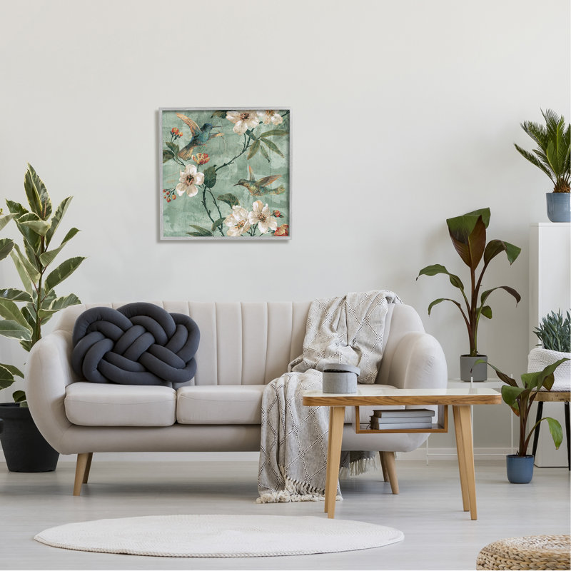 Az-501 - Fleurs de pommier et oiseaux encadrées sur bois par Reneé Campbell, H 24 po x l 24 po x P 1,5 po