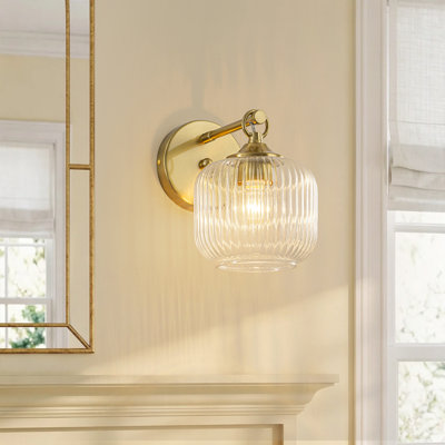 1-Light Ribbed Glass Squat Cylinder Wall Sconce