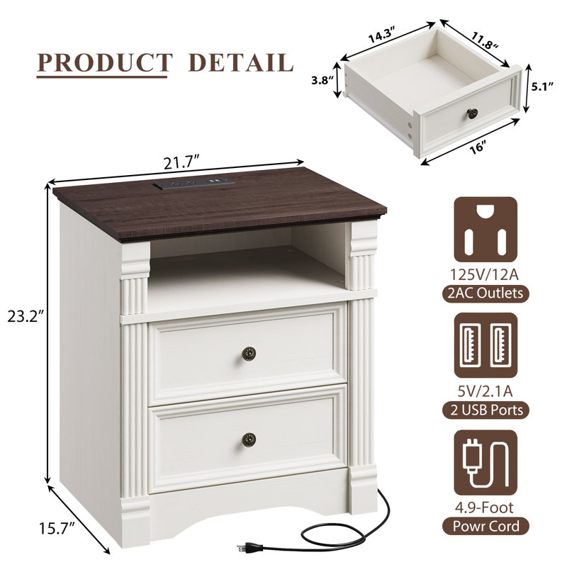 White Nightstand With Charging Station, Farmhouse Wood Bedside Table & End Table With 2 Drawers And Chic Wood Pilasters Design, Side Table Storage Cabinet With Metal Handles For Bedroom