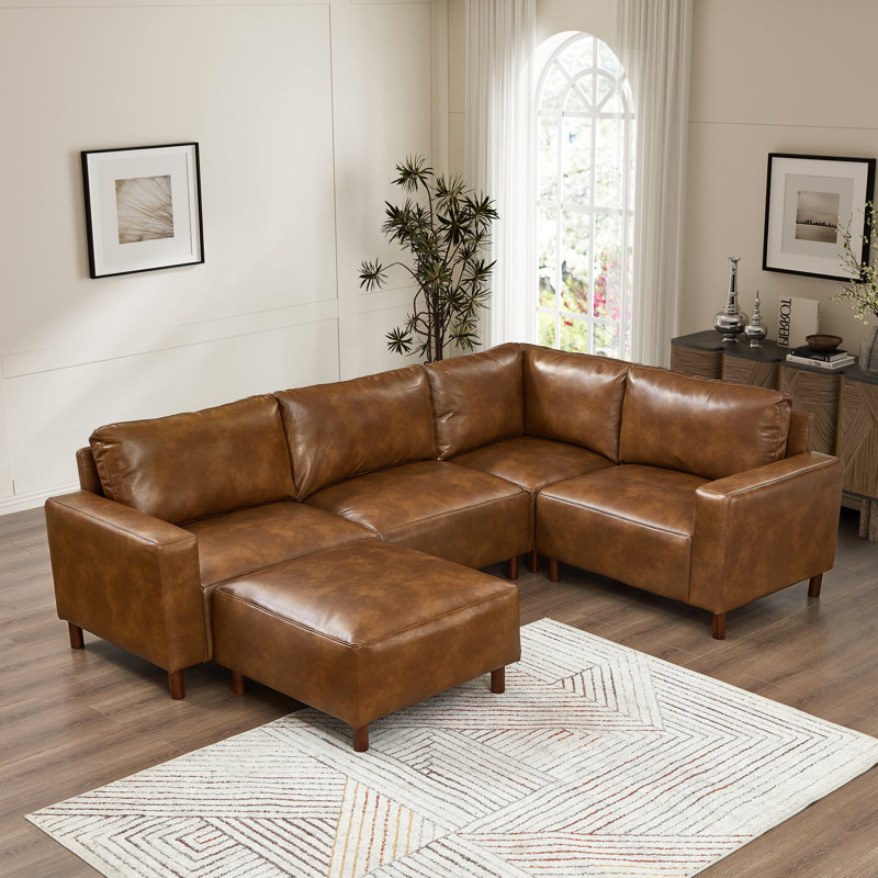 Canapé modulaire 5 pièces avec repose-pieds respirant en polyuréthane respirant, Brown Faux Leather