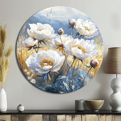 Pivoines dans le champ du matin II - reproduction d'art en métal blanc traditionnel, pivoines rondes, décoration murale en métal