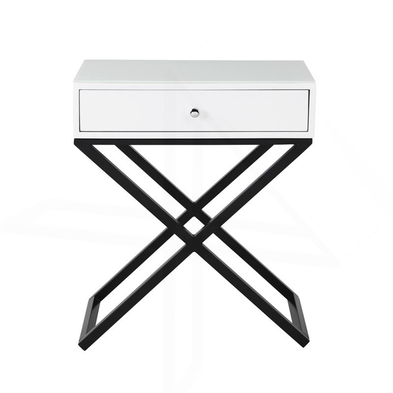 23" Wooden End Side Table Nightstand With Top, Drawer And Metal Cross Base, White