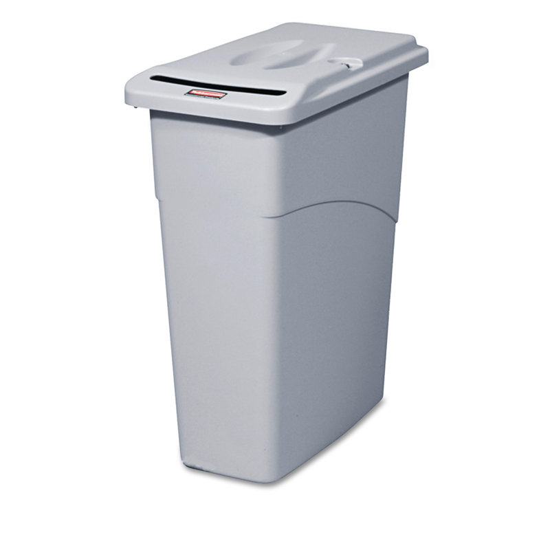 Light Gray Slim Plastic Office Trash Can with Locking Lid - 23 Gallons