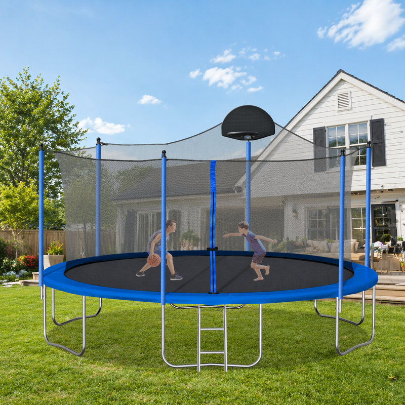Trampoline 14 pi pour adultes et enfants avec panier de basketball, filet de sécurité, échelle et housse de couleur double face