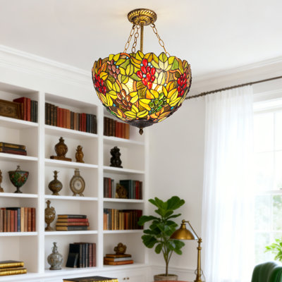 Tiffany-Stlye Colorful Glass Pendant Light, 15.7-Inch Inverted Pendant Light,3 E26 Bulb Included