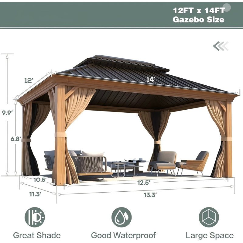 12 ft. W x 14 ft. D Aluminum Patio Gazebo with Double Roof – Wood-Grain Finish, Galvanized Steel Hardtop, Curtains & Netting – Permanent Outdoor Pavilion