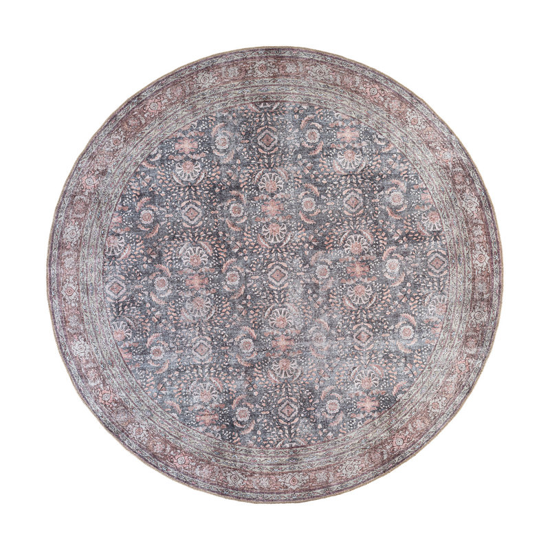 Labarbera Machine Washable Charcoal/Red Non-Slip Backing Area Rug, Round 7'10"