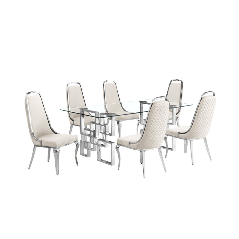 Godley 6 - Person Glass Top Double Pedestal Dining Set, Cream